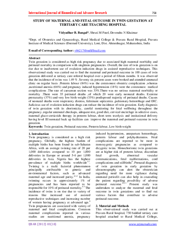 (PDF) Study Of Maternal And Fetal Outcome In Twin Gestation At Tertiary ...