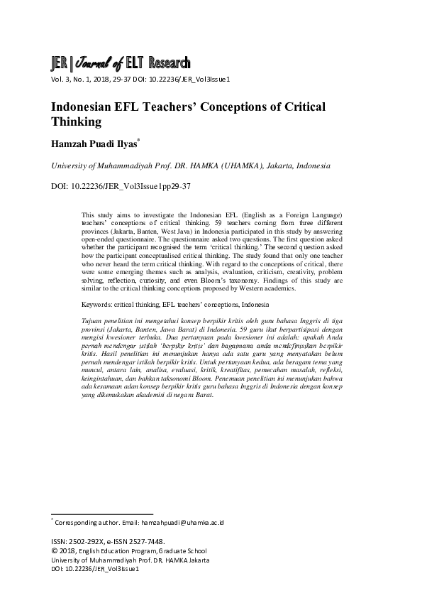 (PDF) Indonesian EFL Teachers' Conceptions of Critical Thinking