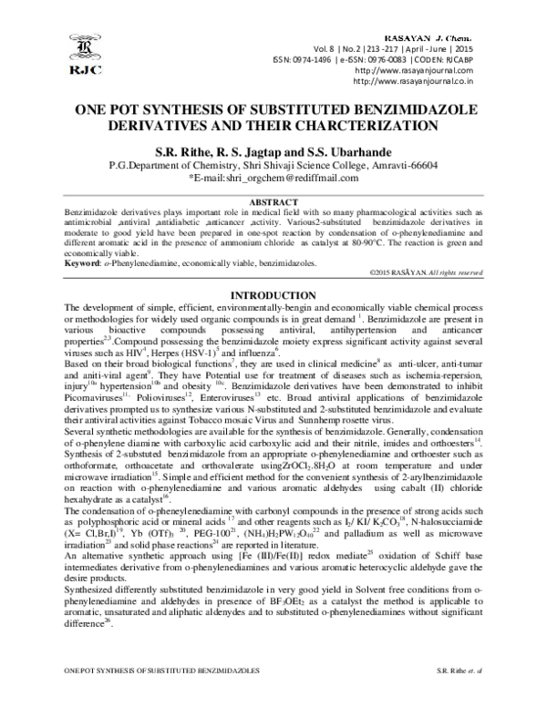 (PDF) One Pot Synthesis of Substituted Benzimidazole Derivatives and ...