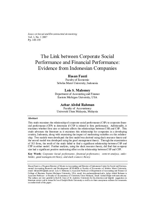 (PDF) The Link between Corporate Social Performance and Financial ...