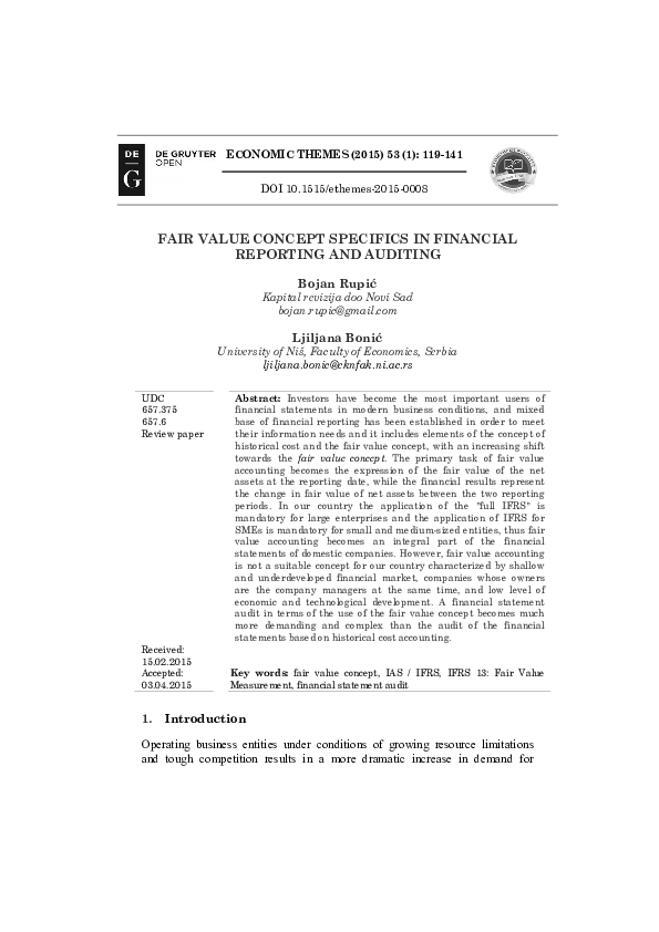 (PDF) Fair Value Concept Specifics in Financial Reporting and Auditing