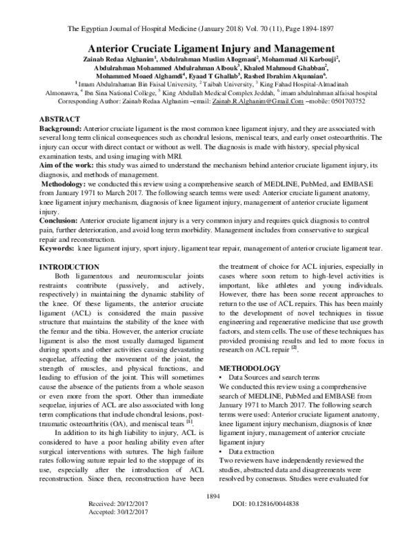(PDF) Anterior Cruciate Ligament Injury and Management