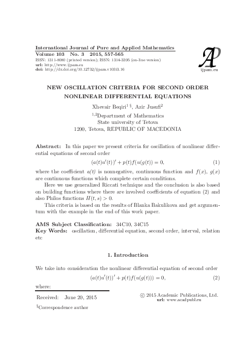(PDF) New Oscillation Criteria for Second Order Nonlinear Differential ...