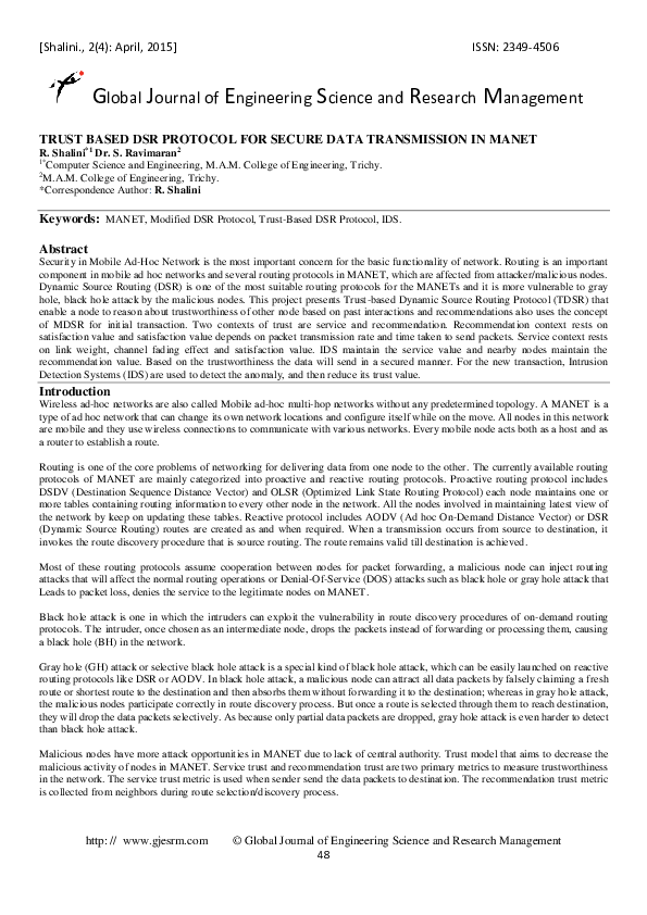 (PDF) Trust Based DSR Protocol for Secure Data Transmission in Manet