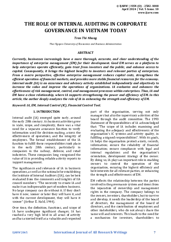 (PDF) THE ROLE OF INTERNAL AUDITING IN CORPORATE GOVERNANCE IN VIETNAM ...