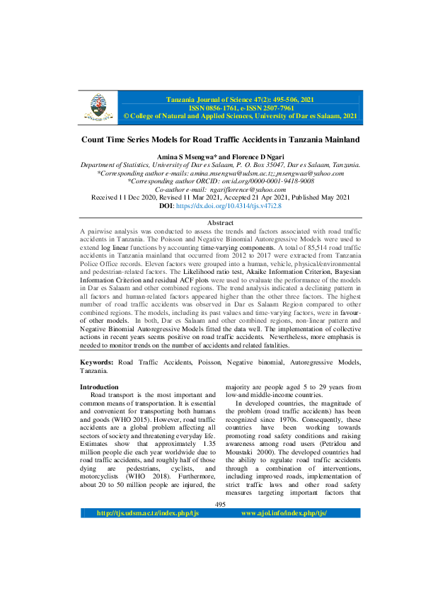 (PDF) Count time series models for road traffic accidents in Tanzania ...