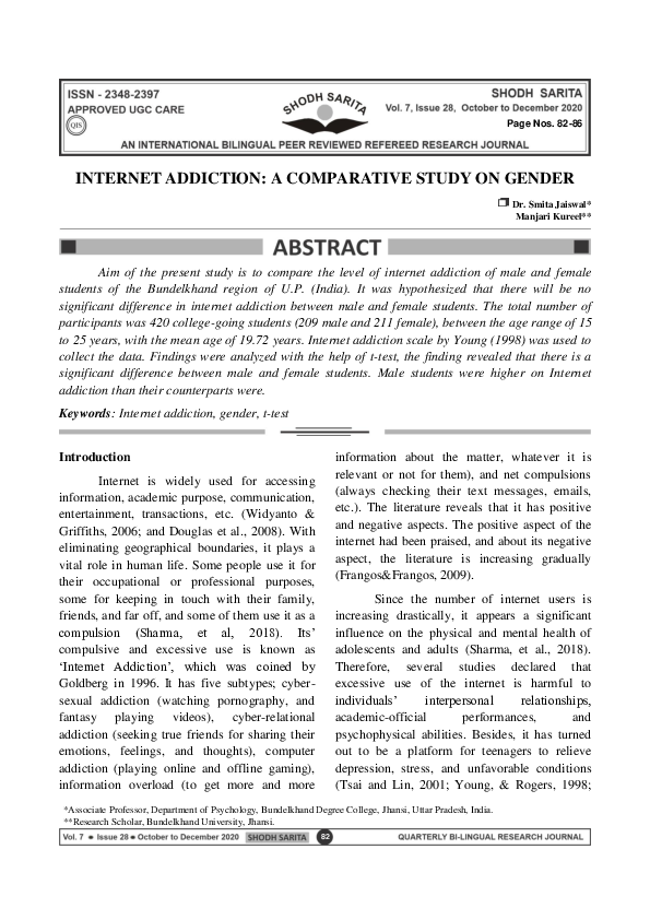 (PDF) INTERNET ADDICTION: A COMPARATIVE STUDY ON GENDER