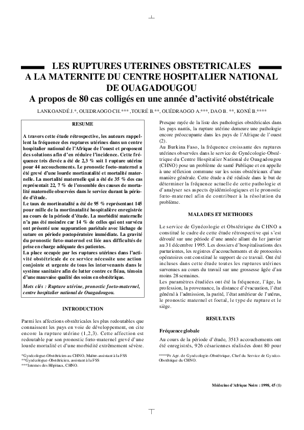(PDF) Les ruptures uterines obstetricales a la maternite du centre ...