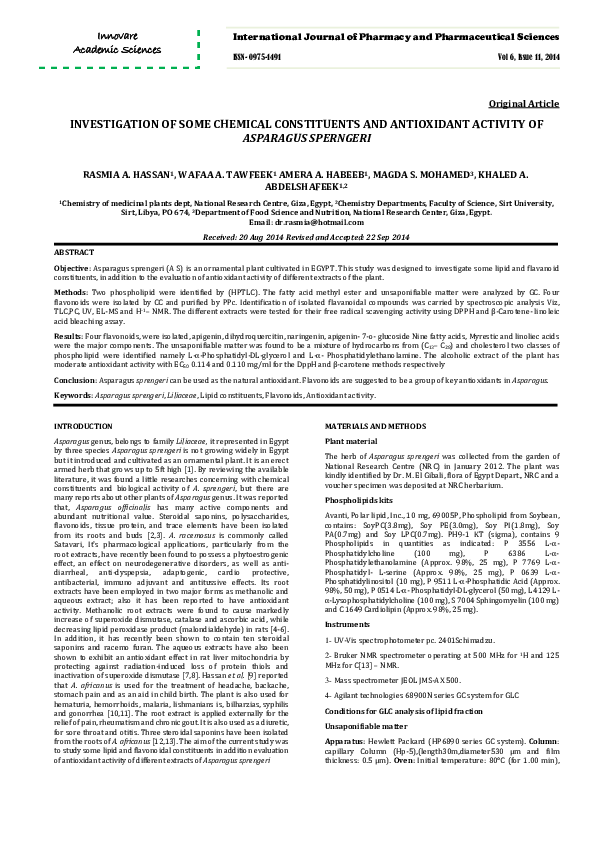 (PDF) INVESTIGATION OF SOME CHEMICAL CONSTITUENTS AND ANTIOXIDANT ...