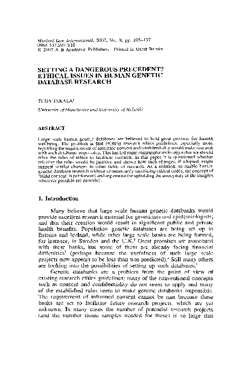 (PDF) Setting a Dangerous Precedent? Ethical Issues in Human Genetic ...
