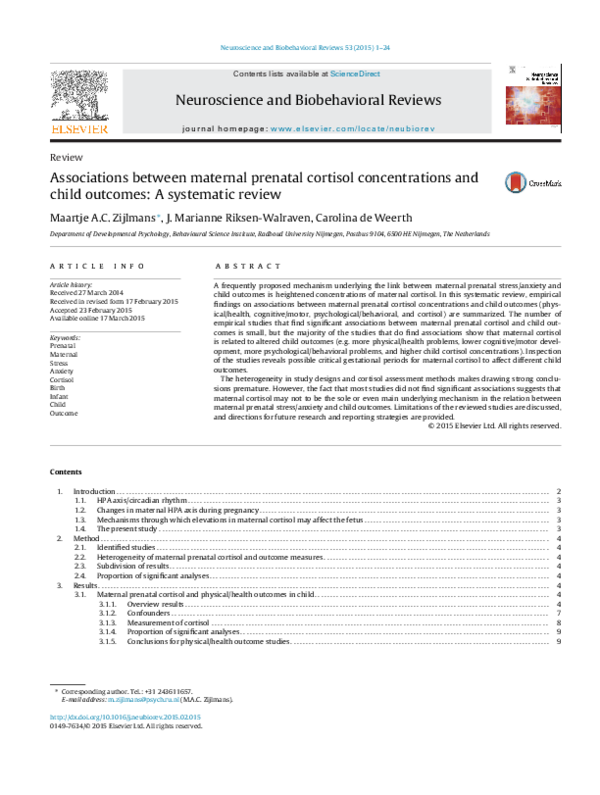 (PDF) Associations between maternal prenatal cortisol concentrations ...