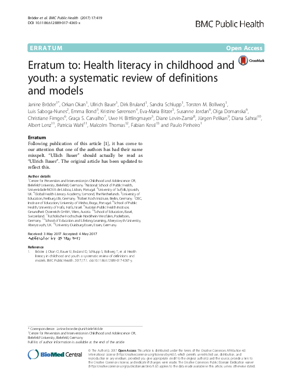 (PDF) Erratum to: Health literacy in childhood and youth: a systematic ...