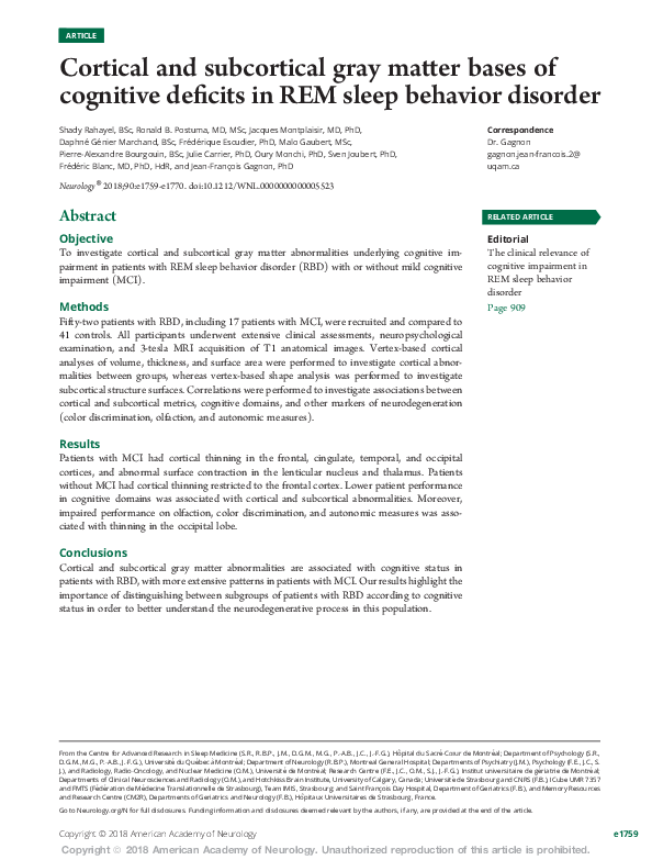 (PDF) Cortical and subcortical gray matter bases of cognitive deficits ...
