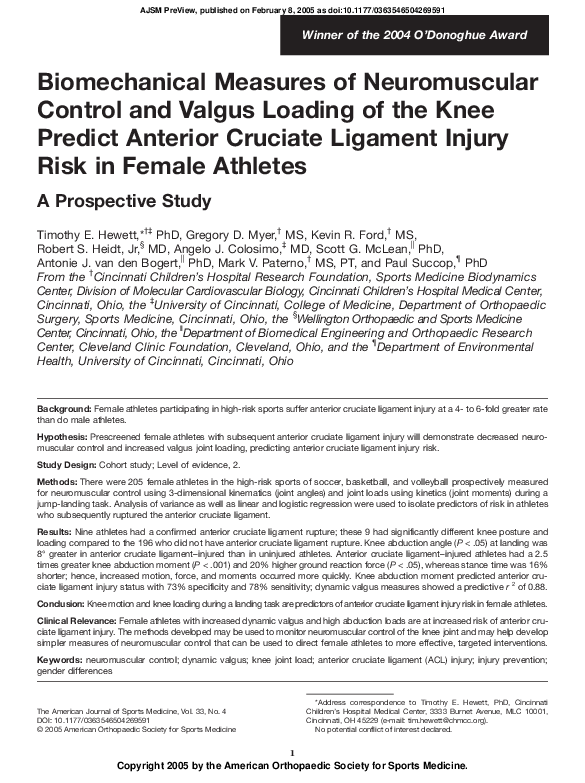 (PDF) Biomechanical Measures of Neuromuscular Control and Valgus ...