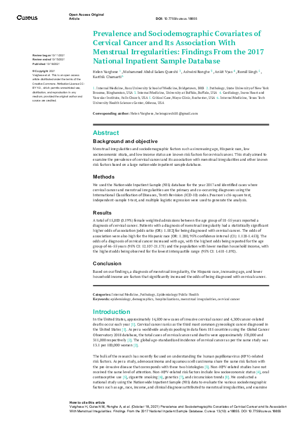 (PDF) Prevalence and Sociodemographic Covariates of Cervical Cancer and ...