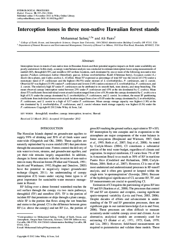(PDF) Interception losses in three non-native Hawaiian forest stands