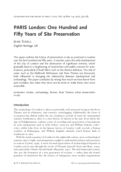 (PDF) PARIS London: One Hundred and Fifty Years of Site Preservation