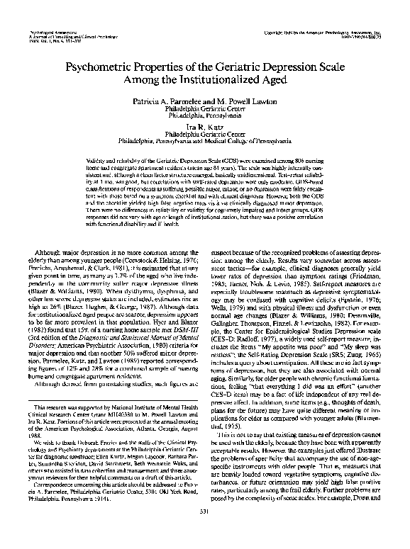 (PDF) Psychometric properties of Geriatric Depression Scale (GDS) among ...