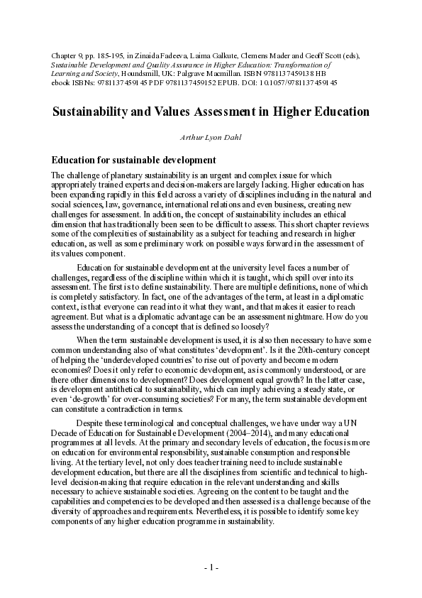 (PDF) Sustainability and Values Assessment in Higher Education