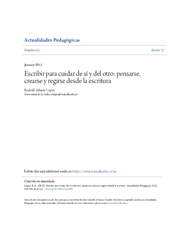 (PDF) Escribir para cuidar de sí y del otro: pensarse, crearse y ...
