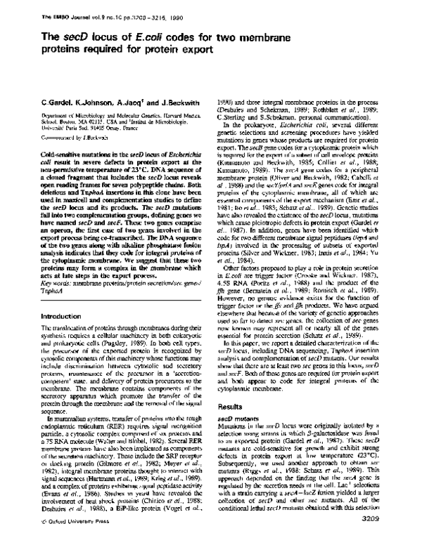 (PDF) The secD locus of E.coli codes for two membrane proteins required ...