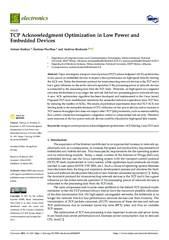 (PDF) TCP Acknowledgment Optimization in Low Power and Embedded Devices