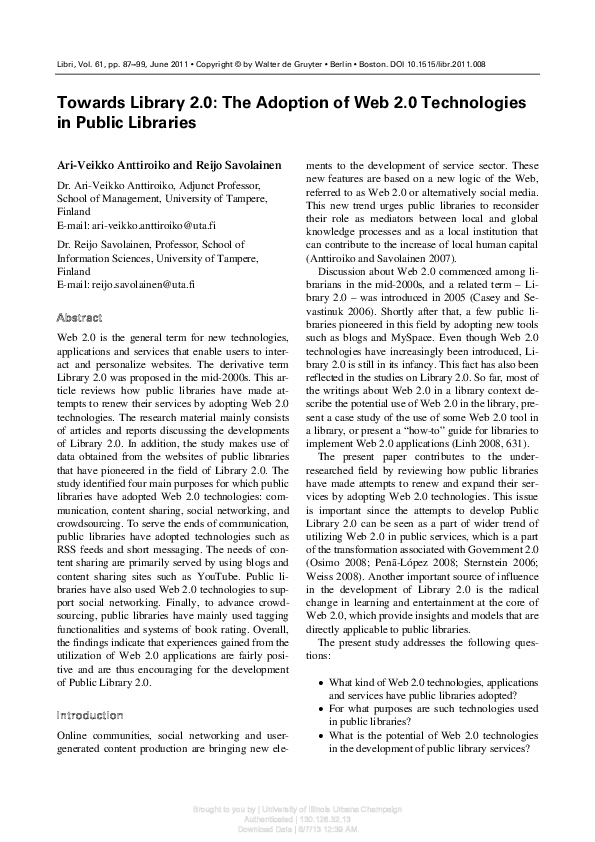 (PDF) Towards Library 2.0: The Adoption of Web 2.0 Technologies in ...