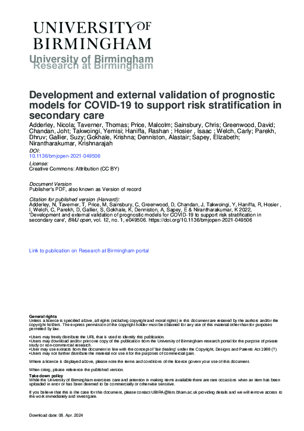 (PDF) Development and External Validation of Prognostic Models for ...