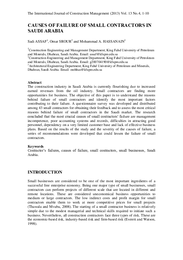 (PDF) Causes of Failure of Small Contractors in Saudi Arabia