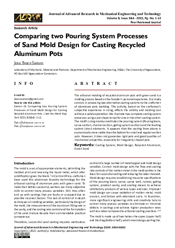(PDF) Comparing two Pouring System Processes of Sand Mold Design for ...