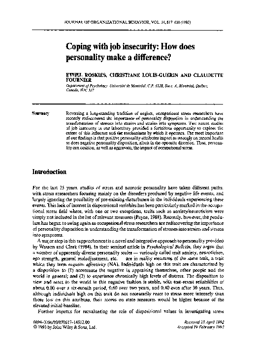 (PDF) Coping with job insecurity: How does personality make a difference?