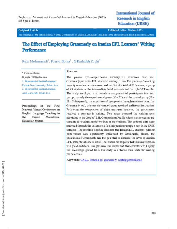 (PDF) The Effect of Employing Grammarly on Iranian EFL Learners' Writing