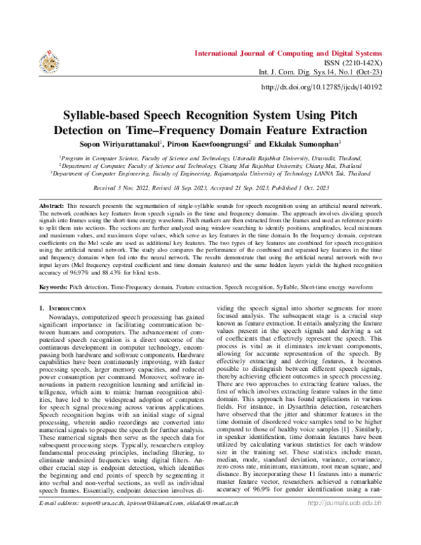 (PDF) A Syllable-based Speech Recognition system by using Pitch ...