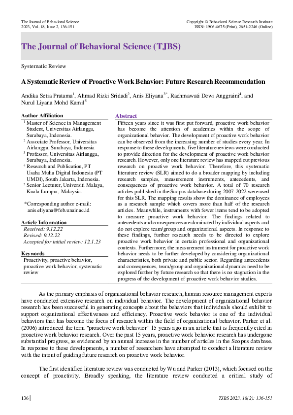 (PDF) A Systematic Review of Proactive Work Behavior: Future Research ...
