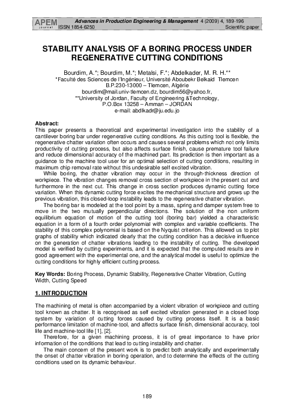 (PDF) Stability Analysis of a Boring Process Under Regenerative Cutting ...