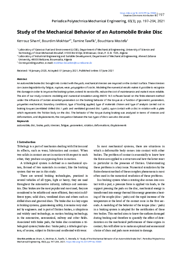 (PDF) Study of the Mechanical Behavior of an Automobile Brake Disc