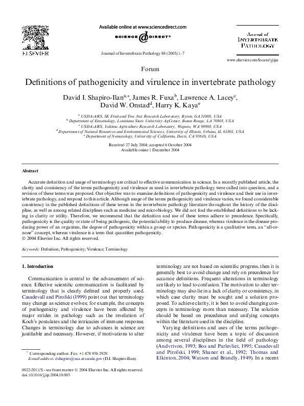 (PDF) Definitions of pathogenicity and virulence in invertebrate pathology