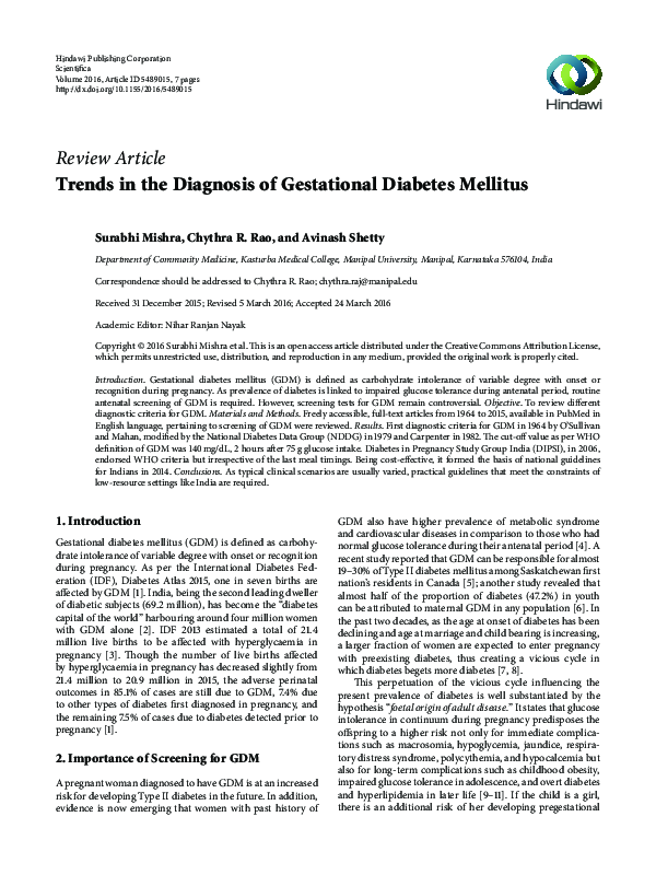 (PDF) Trends in the Diagnosis of Gestational Diabetes Mellitus