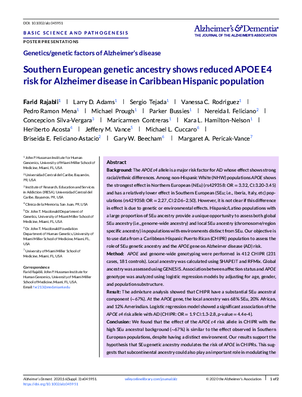 (PDF) Southern European genetic ancestry shows reduced APOE E4 risk for ...