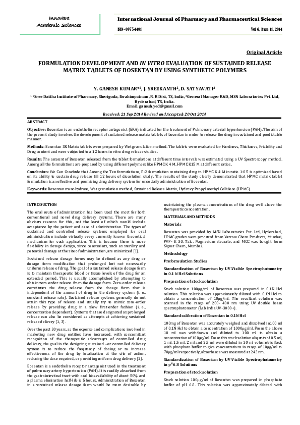 (PDF) FORMULATION DEVELOPMENT AND IN VITRO EVALUATION OF SUSTAINED ...