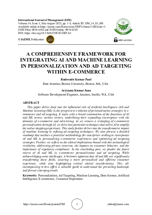 (PDF) A COMPREHENSIVE FRAMEWORK FOR INTEGRATING AI AND MACHINE LEARNING ...