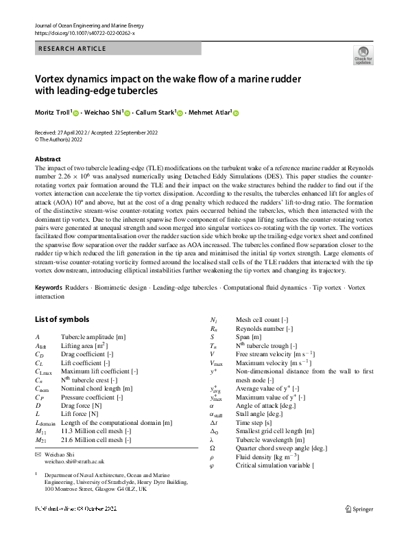 (PDF) Vortex dynamics impact on the wake flow of a marine rudder with ...