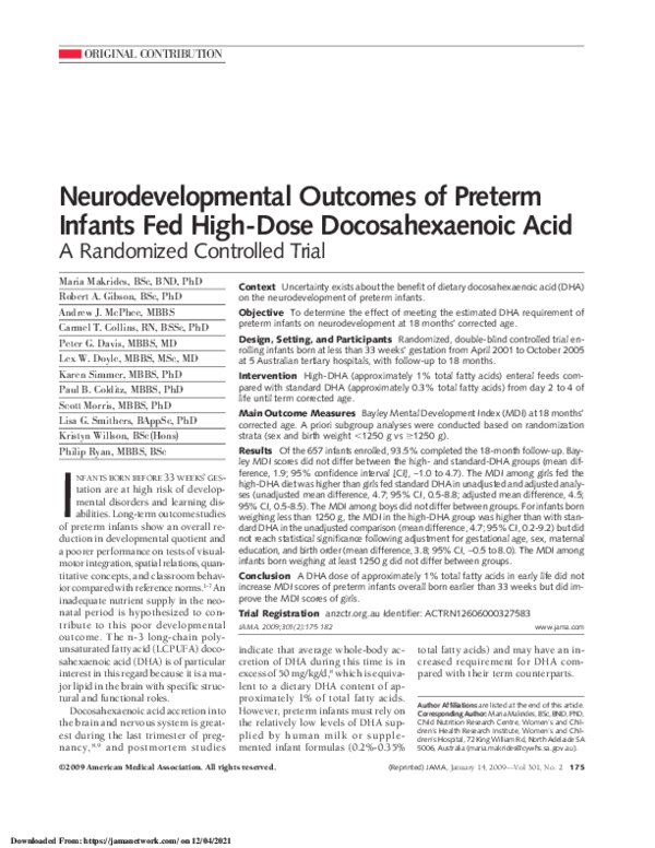 (PDF) Neurodevelopmental Outcomes of Preterm Infants Fed High-Dose ...
