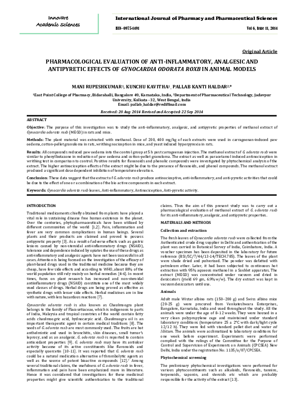 (PDF) PHARMACOLOGICAL EVALUATION OF ANTI-INFLAMMATORY, ANALGESIC AND ...