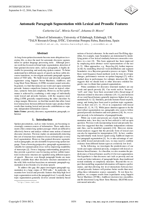 (PDF) Automatic Paragraph Segmentation with Lexical and Prosodic Features