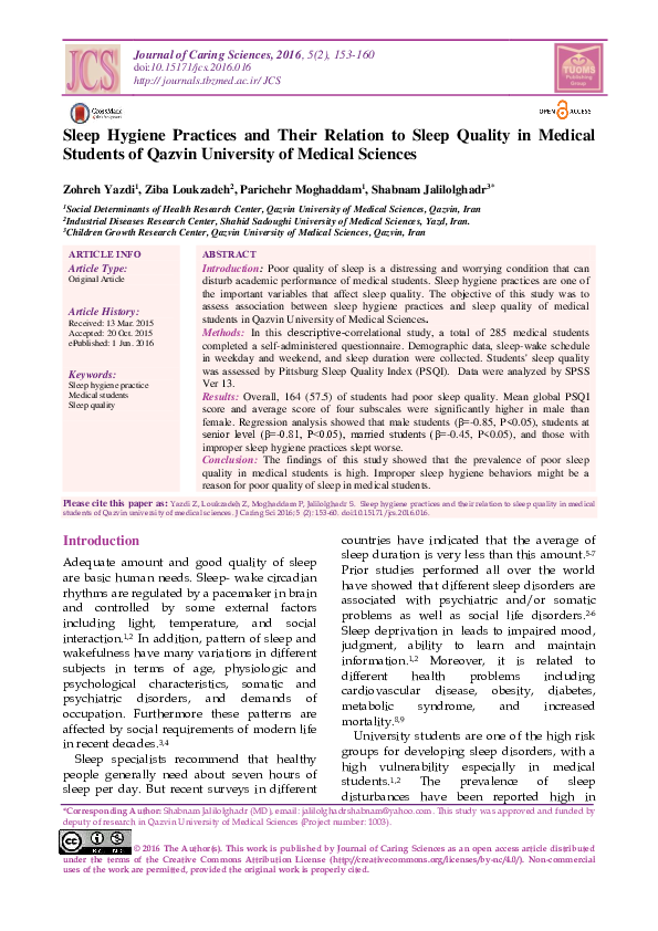 (PDF) Sleep Hygiene Practices and Their Relation to Sleep Quality in ...