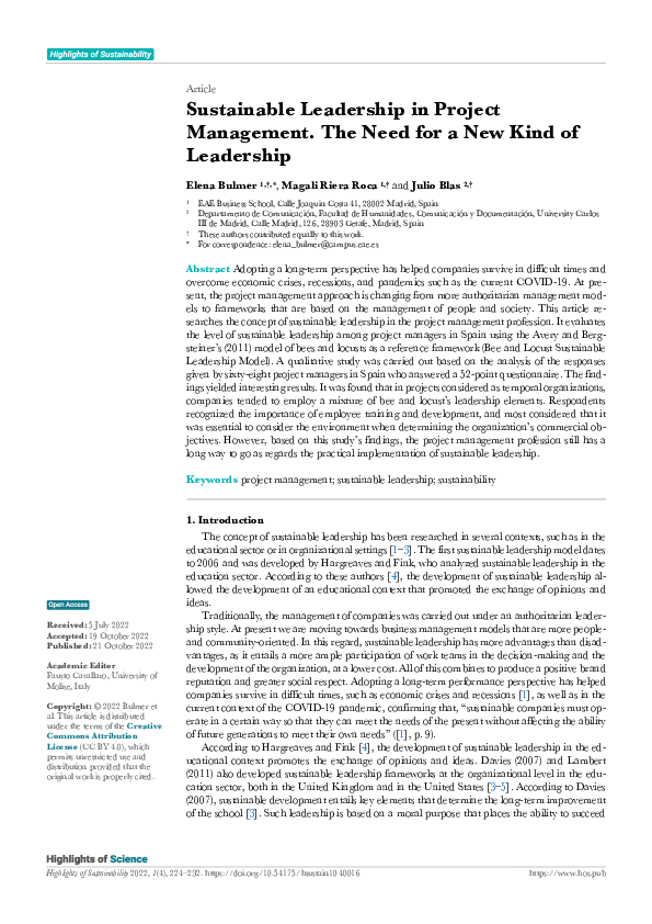 (PDF) Sustainable Leadership in Project Management. The Need for a New ...