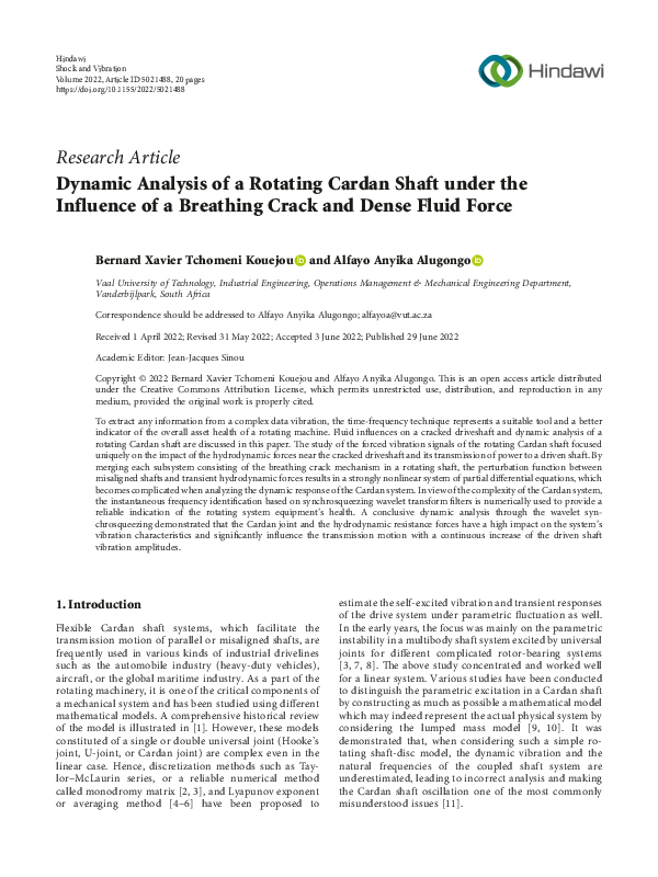 (PDF) Dynamic Analysis of a Rotating Cardan Shaft under the Influence ...