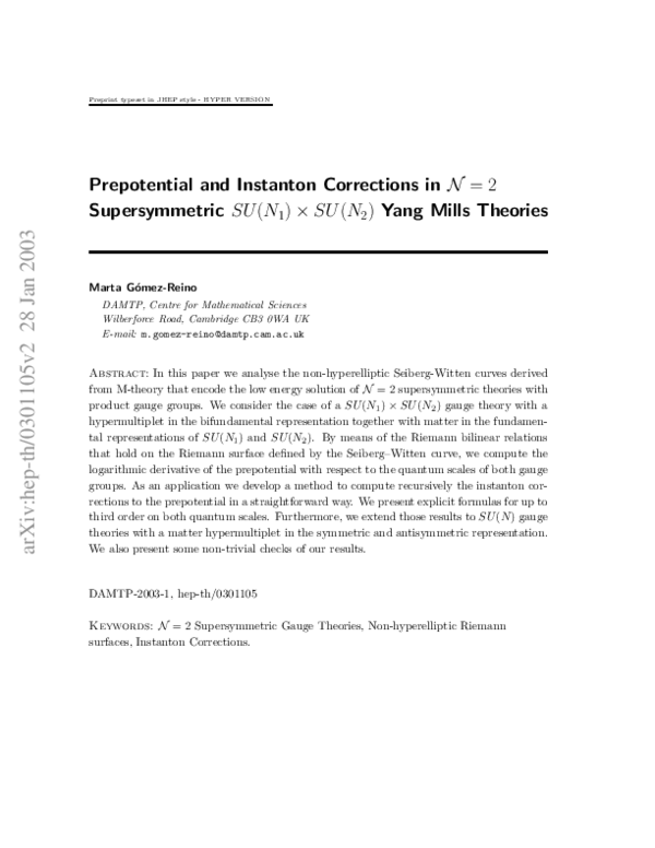 (PDF) Prepotential and instanton corrections in Script N = 2 ...
