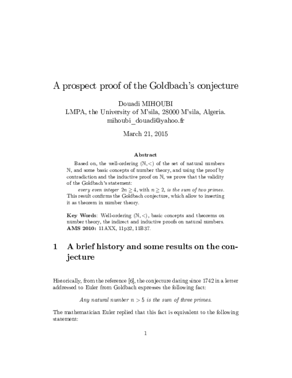 (PDF) A Prospect Proof of the Goldbach's Conjecture